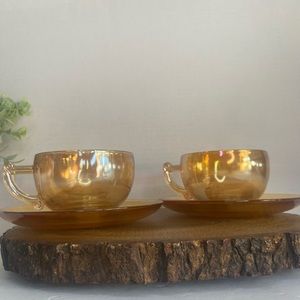 Jeannette Iridescent Peach Gold Carnival Glass Tea Coffee Cups